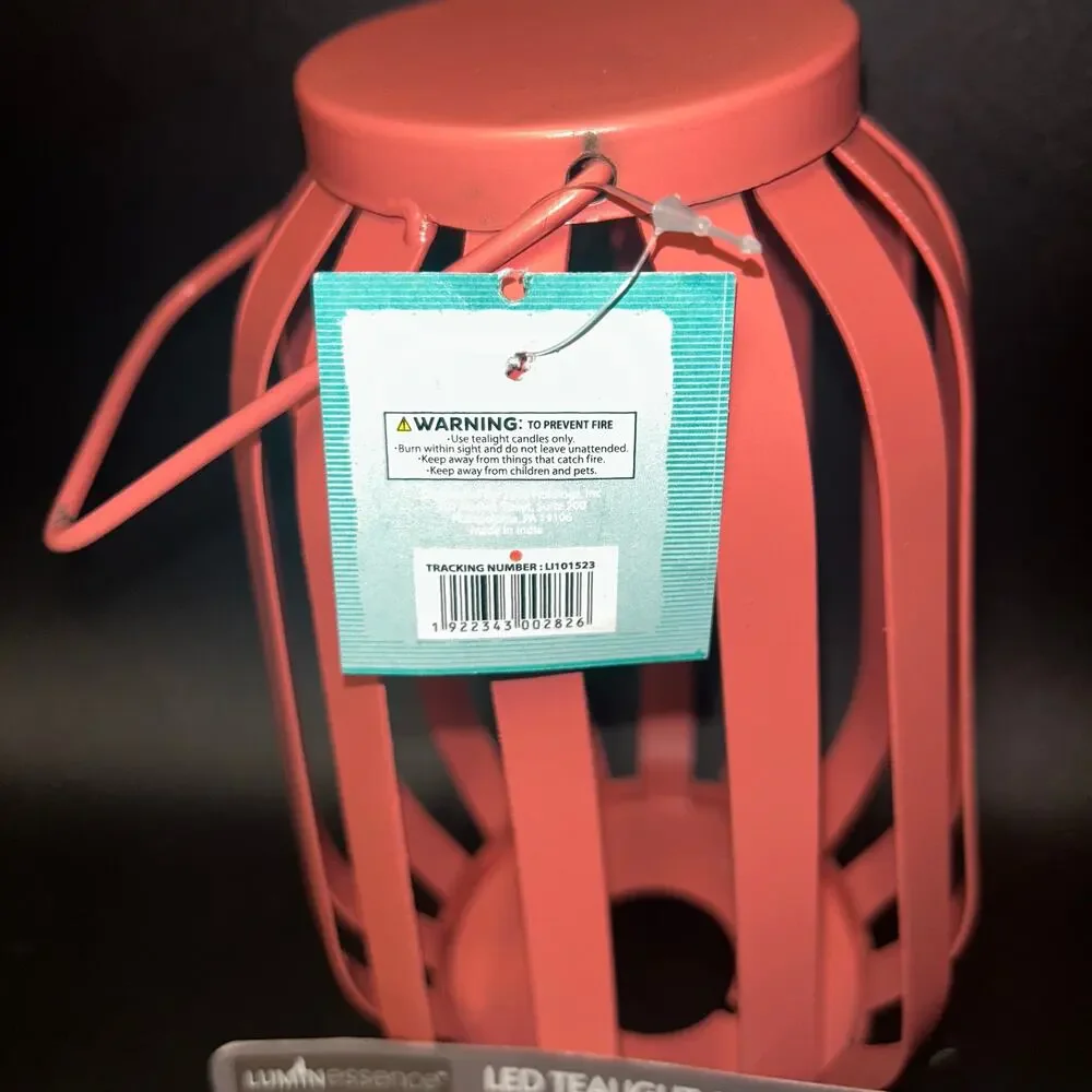 New NWT Coral Pink Caged Lantern Tealight Candle Holder w/ 3 Electric Candles